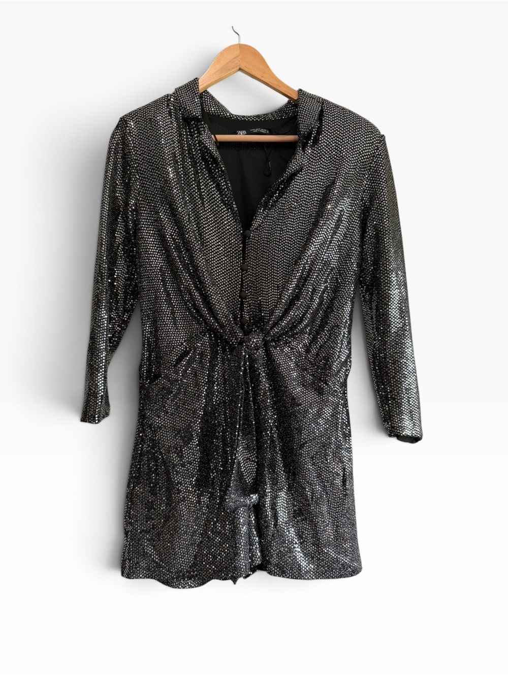 Zara Sequin Long Sleeve Romper - Black/Silver - Size M
